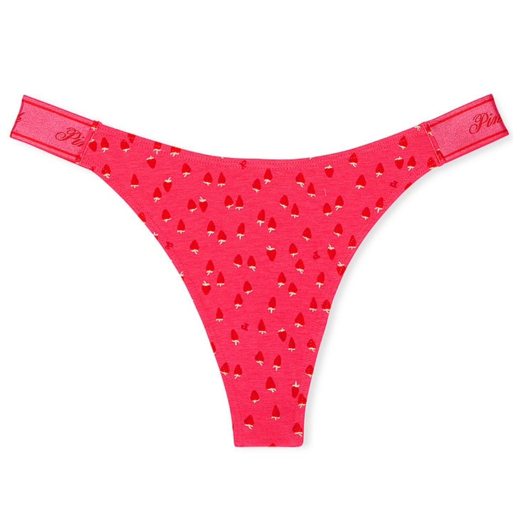 🏷NWT PINK Logo Cotton Shine High-Leg Thong Panty Double Bubble Strawberry Print